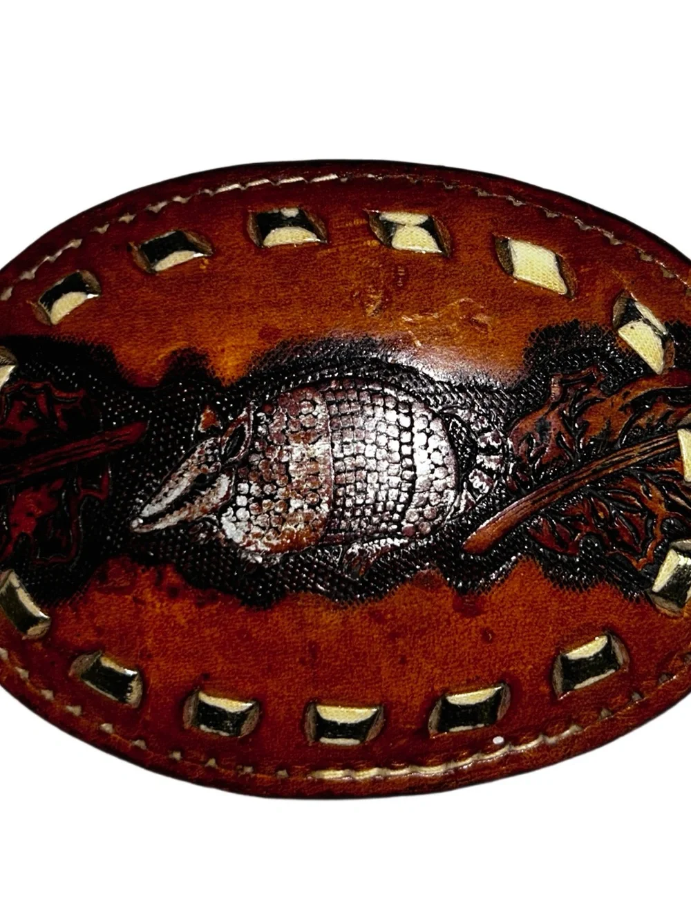 Tony Lama ~ Vintage ~ Brown ~ Armadillo Texas Western Leather Tooled Belt Buckle
